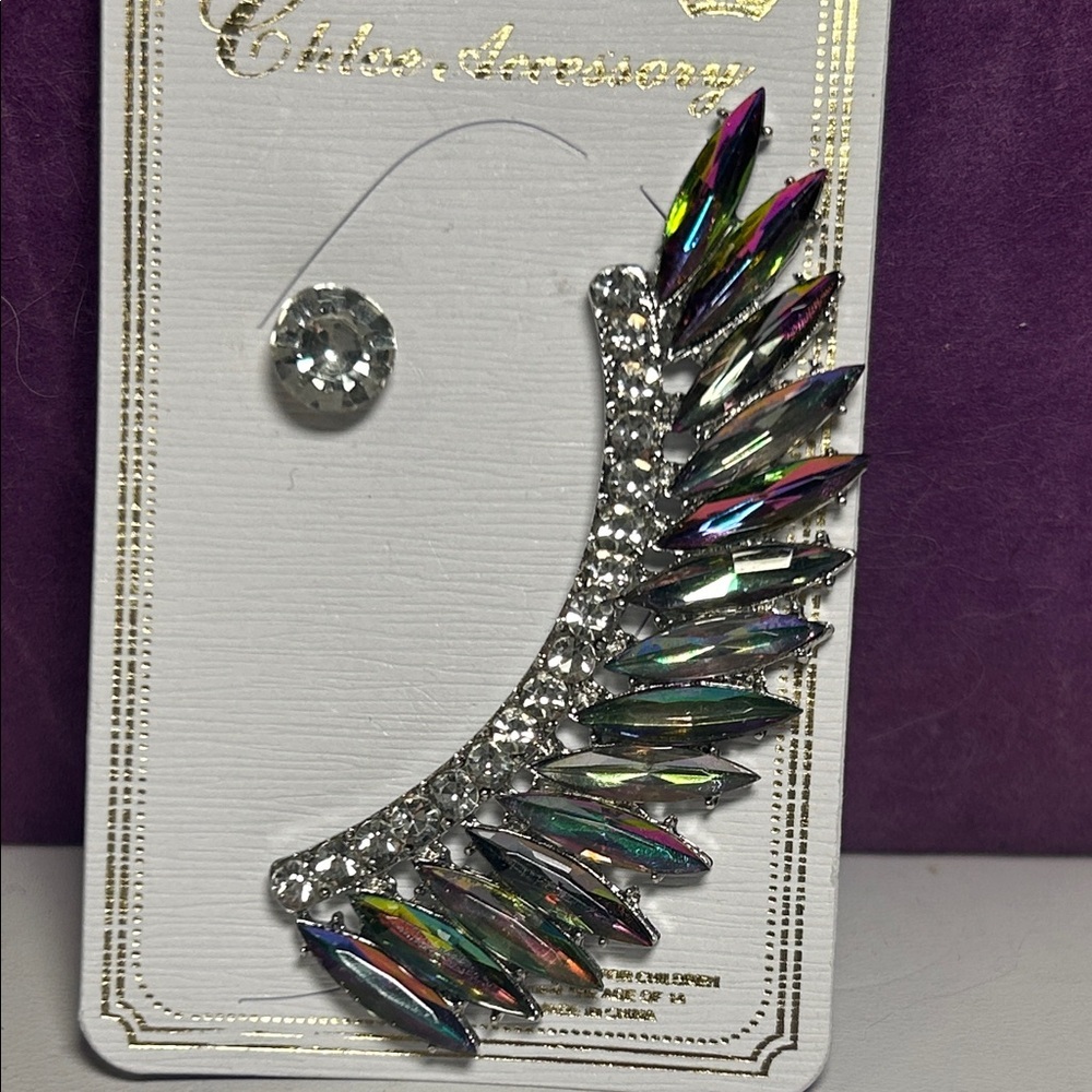 Chloe + Isabel Silver Tone Iridescent Crystal Ear Cuff & CZ Post